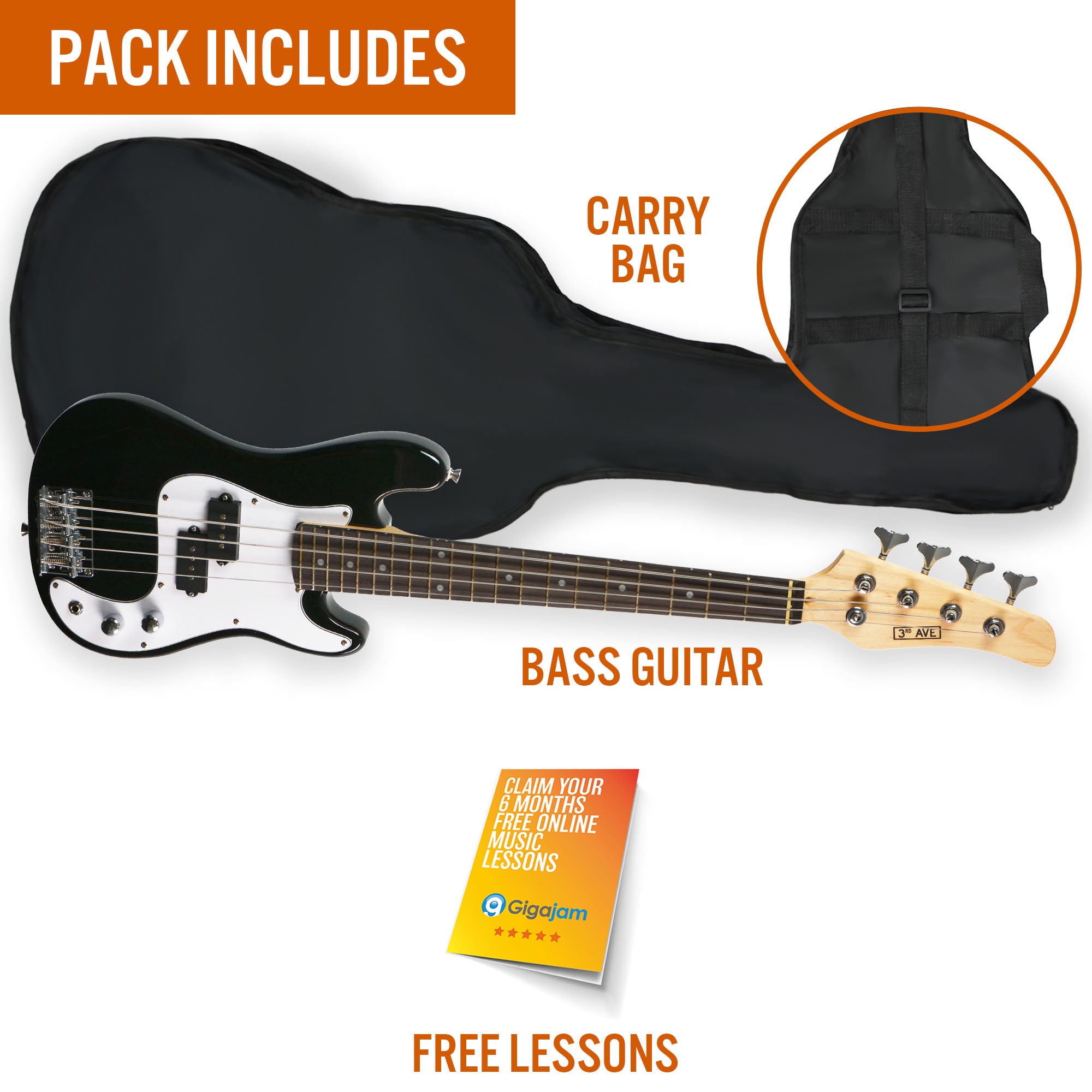 3rd Avenue 3/4 Bass Guitar - Black — Guitar Only