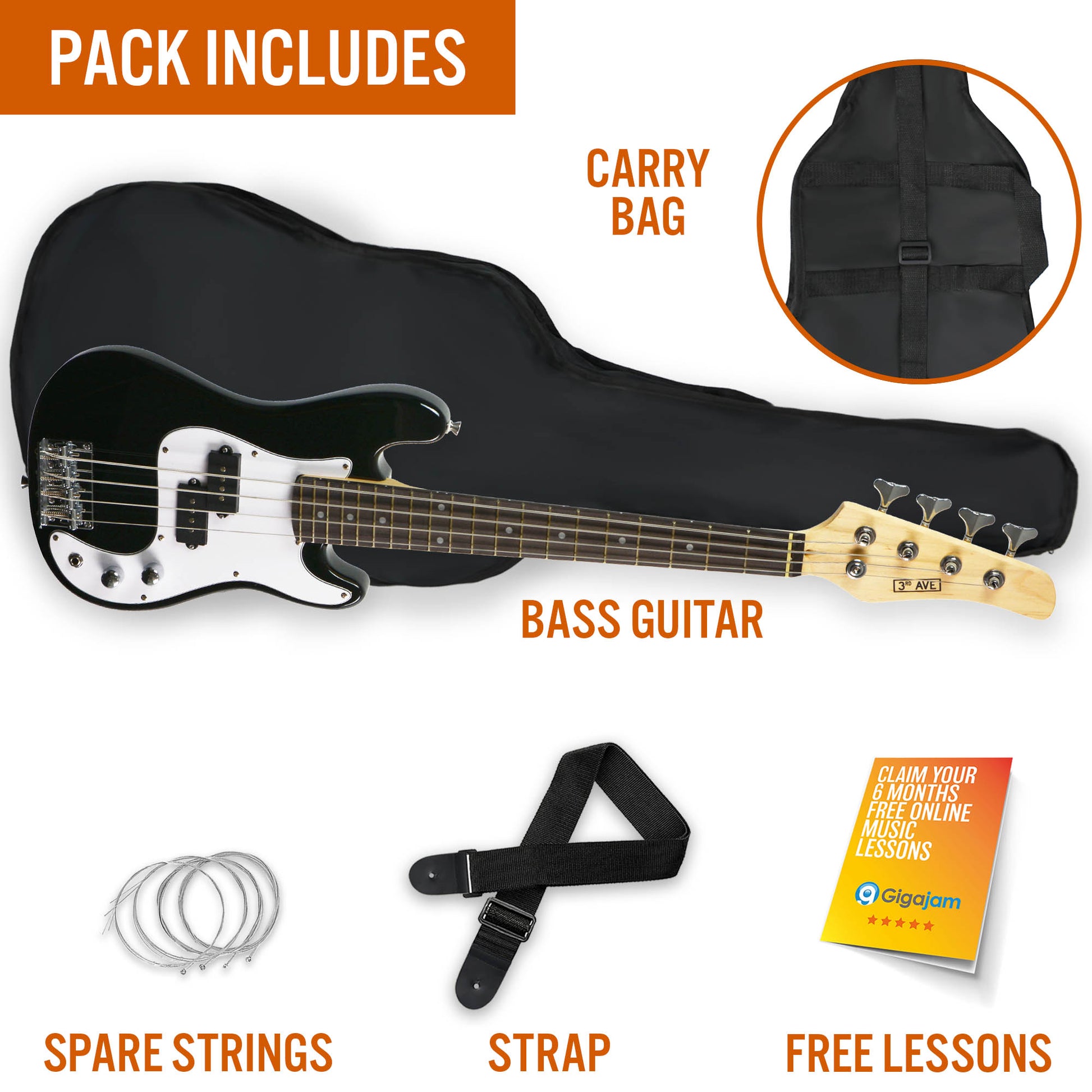 3rd Avenue 3/4 Bass Guitar - Black