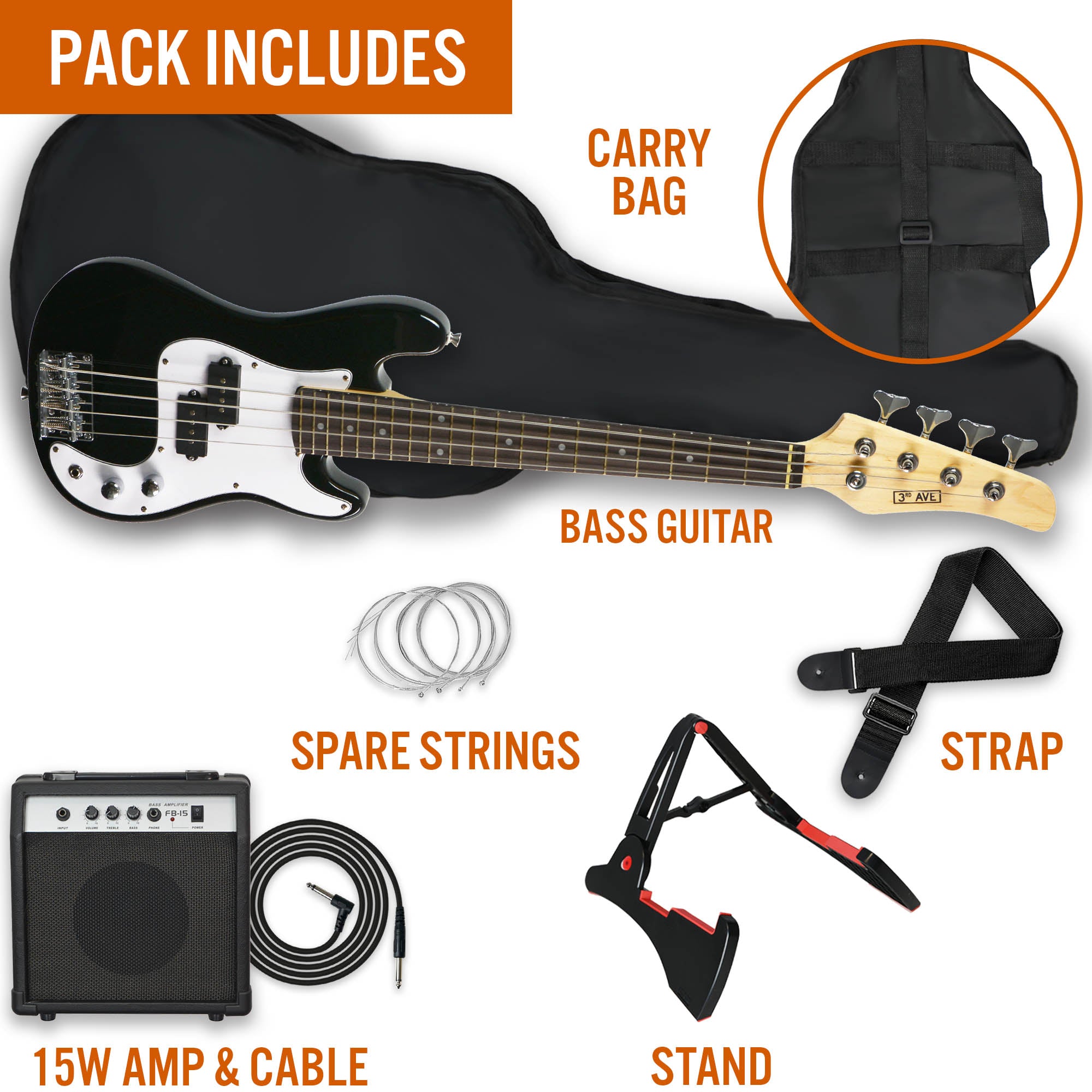 3rd Avenue 3/4 Bass Guitar Pack - Black - Rental