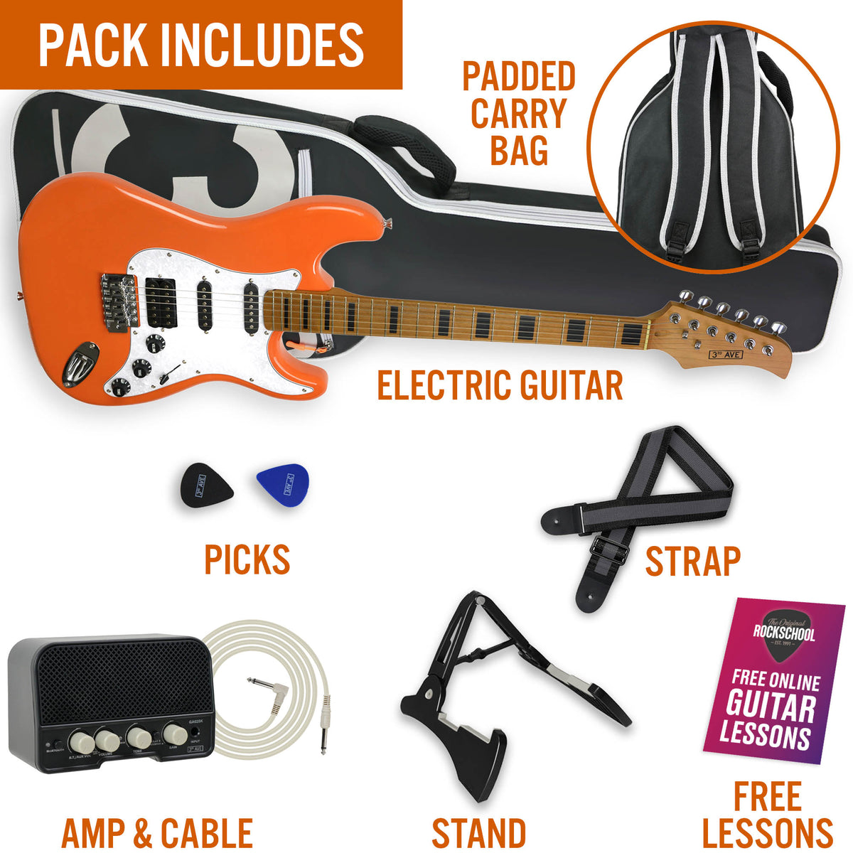 3rd Avenue Stateside Series Electric Guitar Pack - Canyon Orange