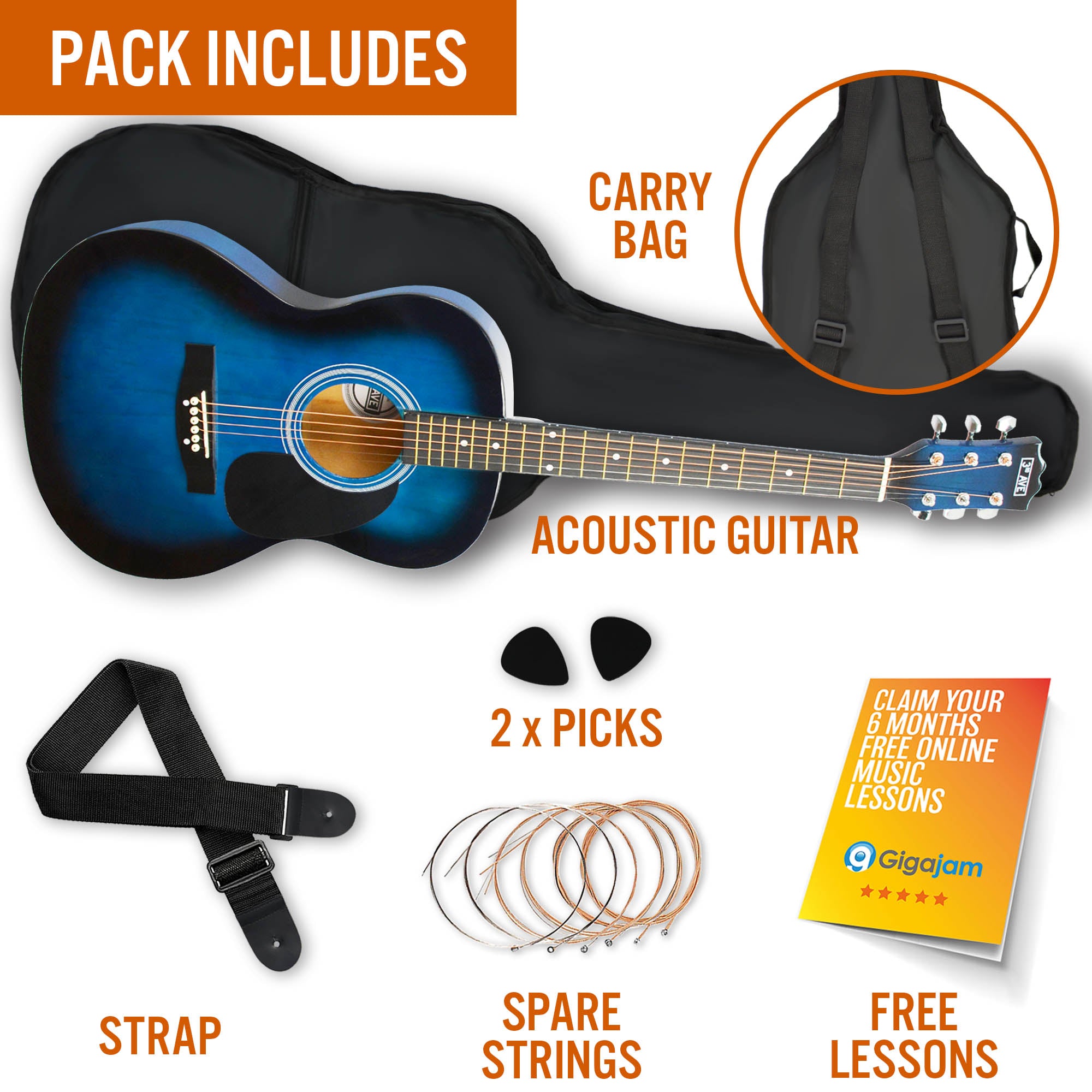 3rd Avenue Full Size Acoustic Guitar Pack Natural Acoustic Guitars#Colour_Blueburst