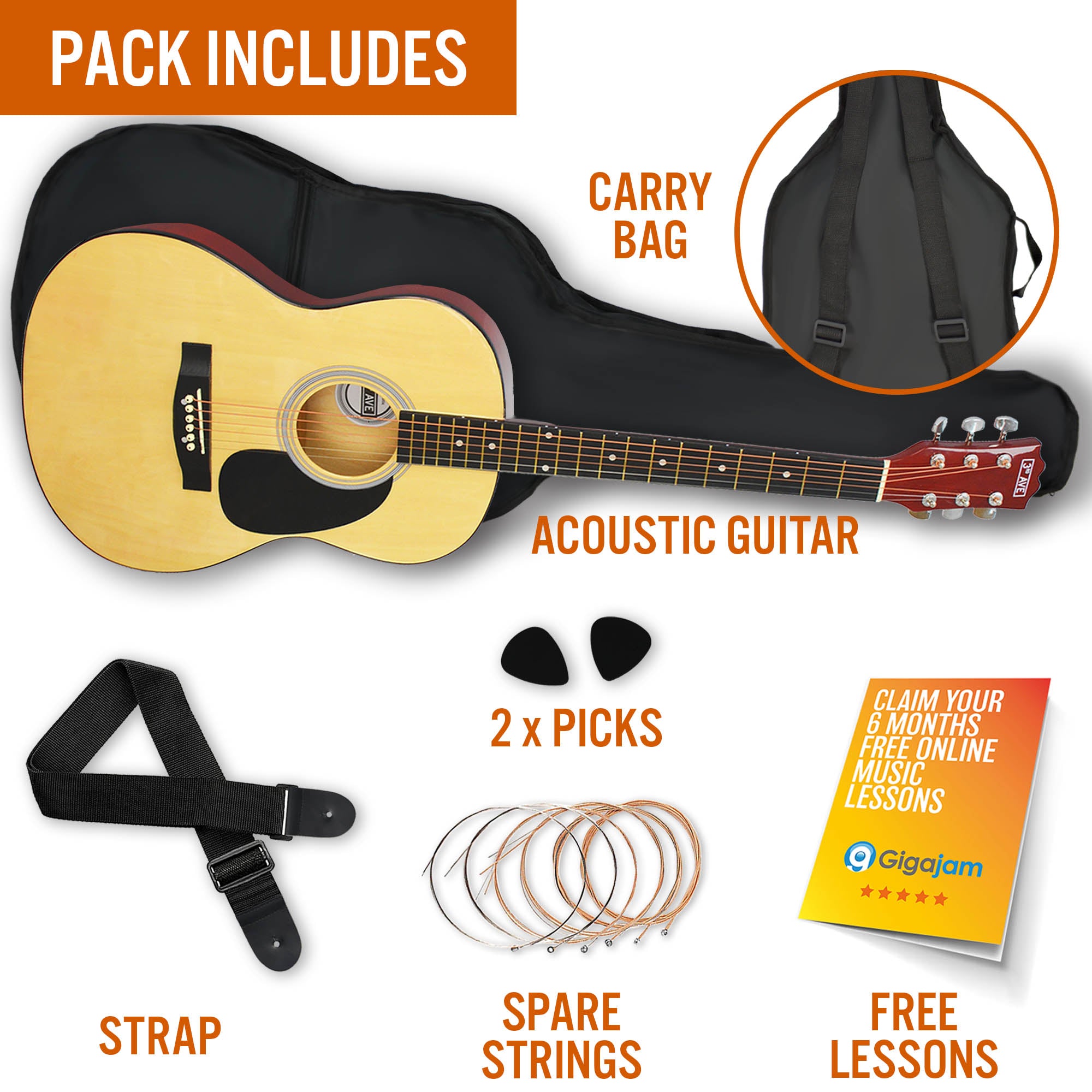 3rd Avenue Full Size Acoustic Guitar Pack Natural Acoustic Guitars#Colour_Natural