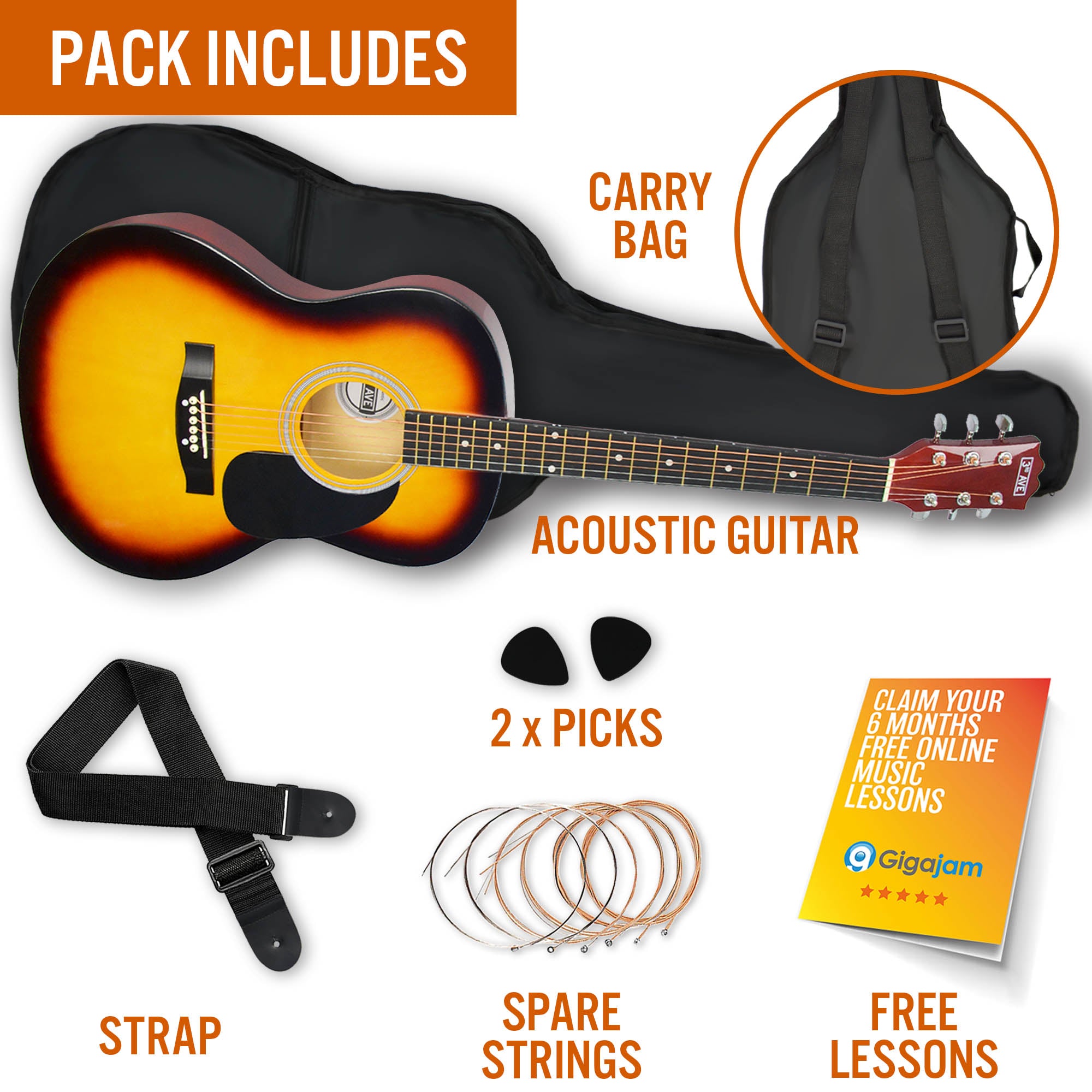 3rd Avenue Full Size Acoustic Guitar Pack Sunburst Acoustic Guitars#Colour_Sunburst
