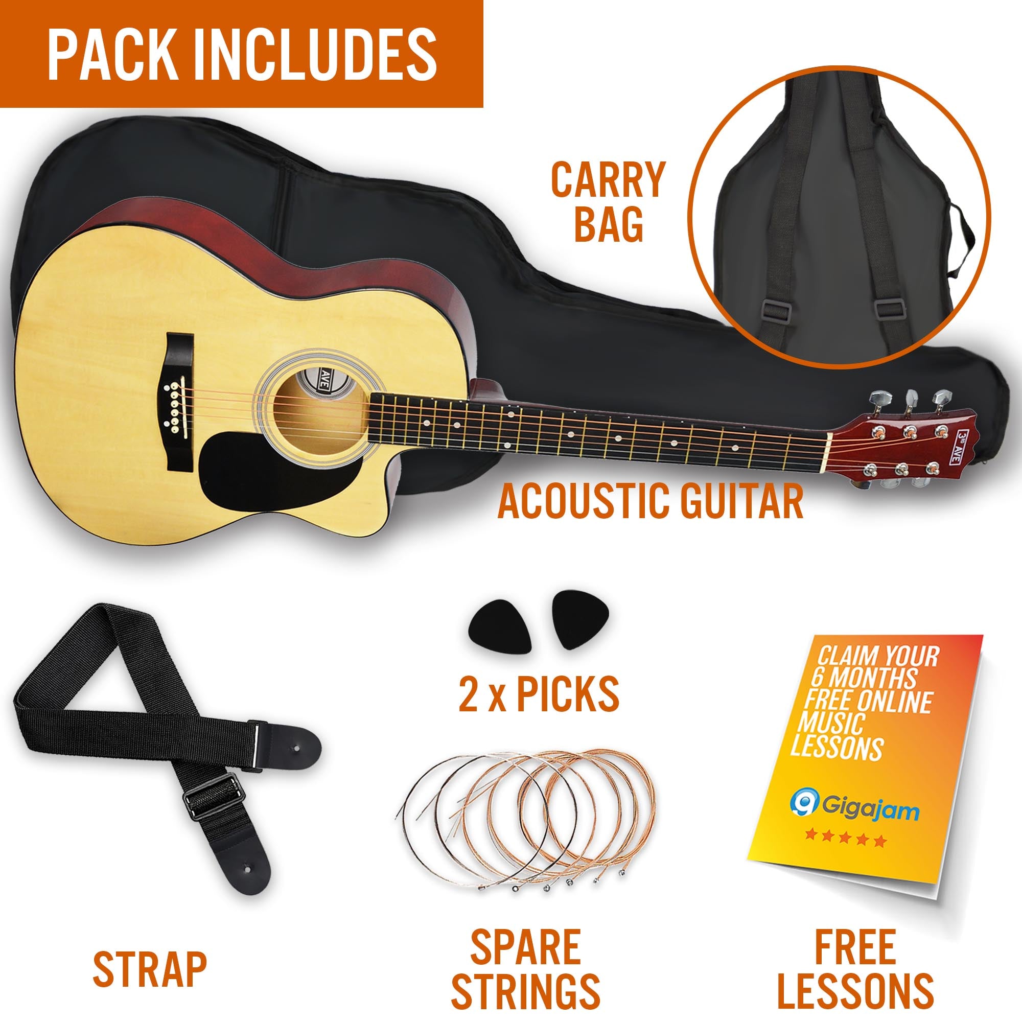 3rd Avenue Full Size Cutaway Acoustic Guitar Pack Natural Acoustic Guitars#Colour_Natural