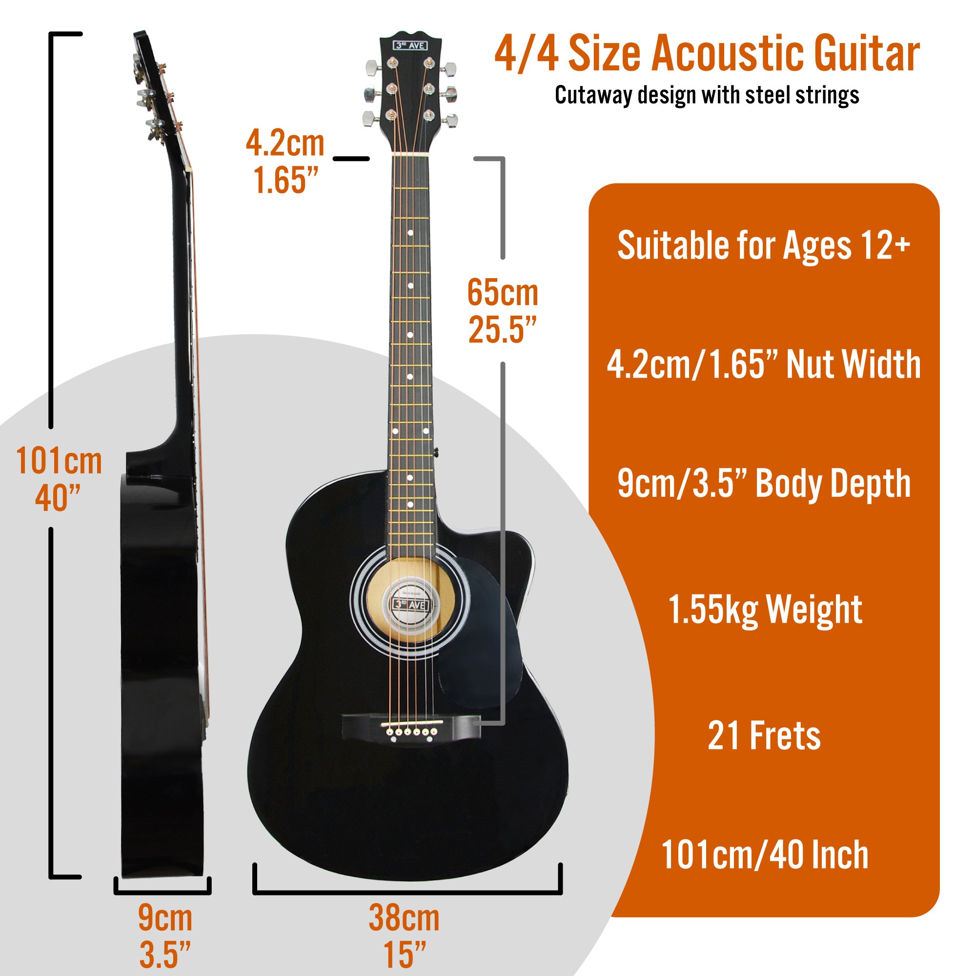 3rd Avenue Full Size Cutaway Acoustic Guitar Pack Black Acoustic Guitars#Colour_Black