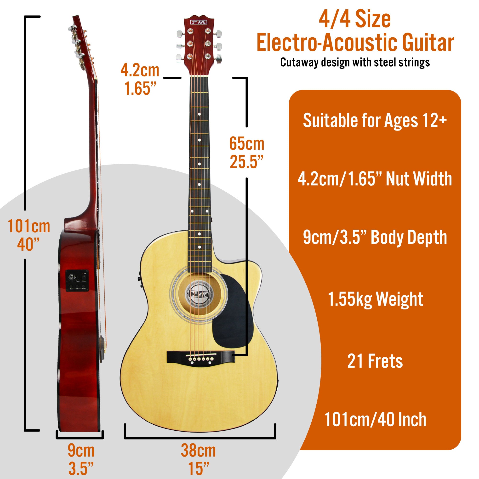3rd Avenue Full Size Cutaway Electro Acoustic Guitar Pack Natural Acoustic Guitars#Colour_Natural