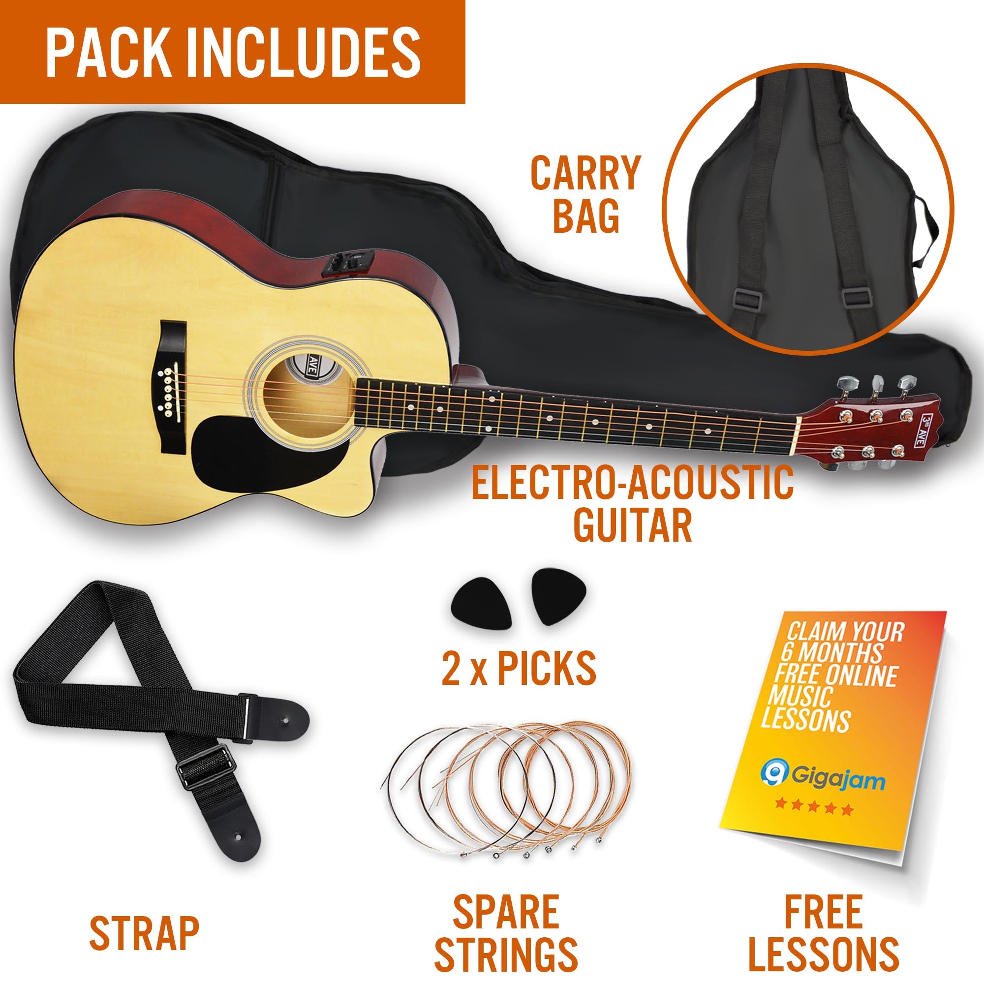 3rd Avenue Full Size Cutaway Electro Acoustic Guitar Pack Natural Acoustic Guitars#Colour_Natural