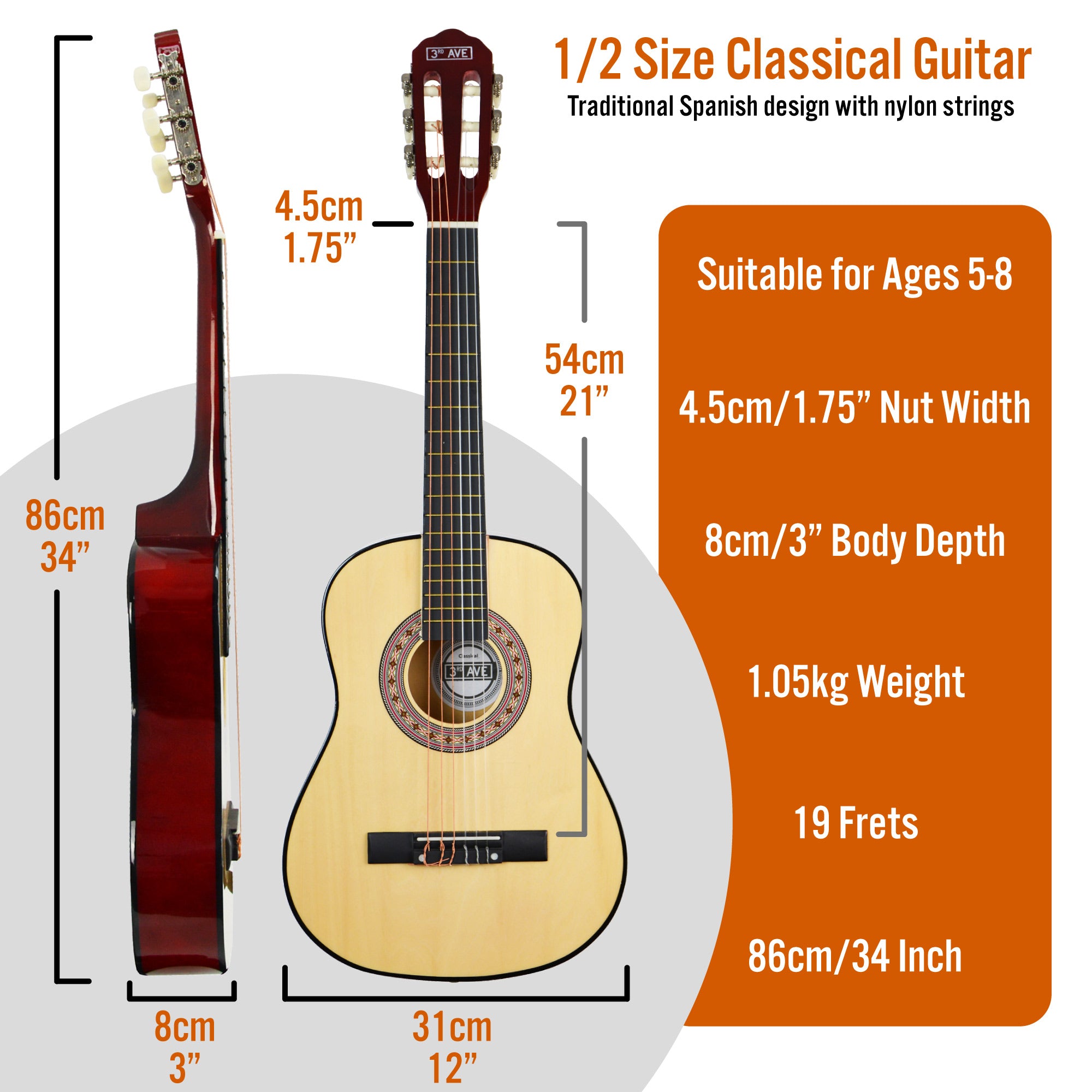 3rd Avenue 1/2 Size Classical Guitar Pack Natural Classical Guitars#Colour_Natural