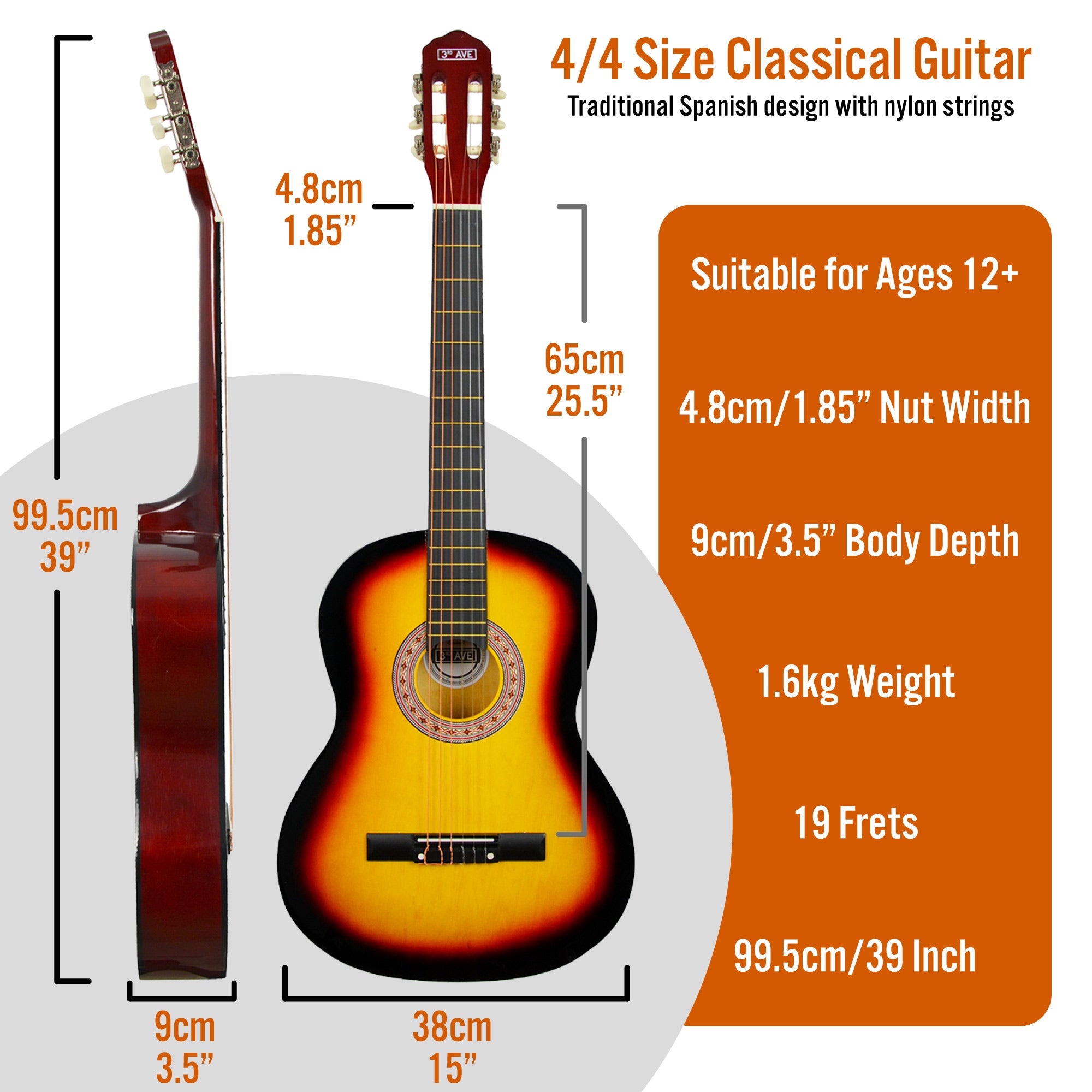 3rd Avenue Full Size Classical Guitar Pack Sunburst Classical Guitars#Colour_Sunburst