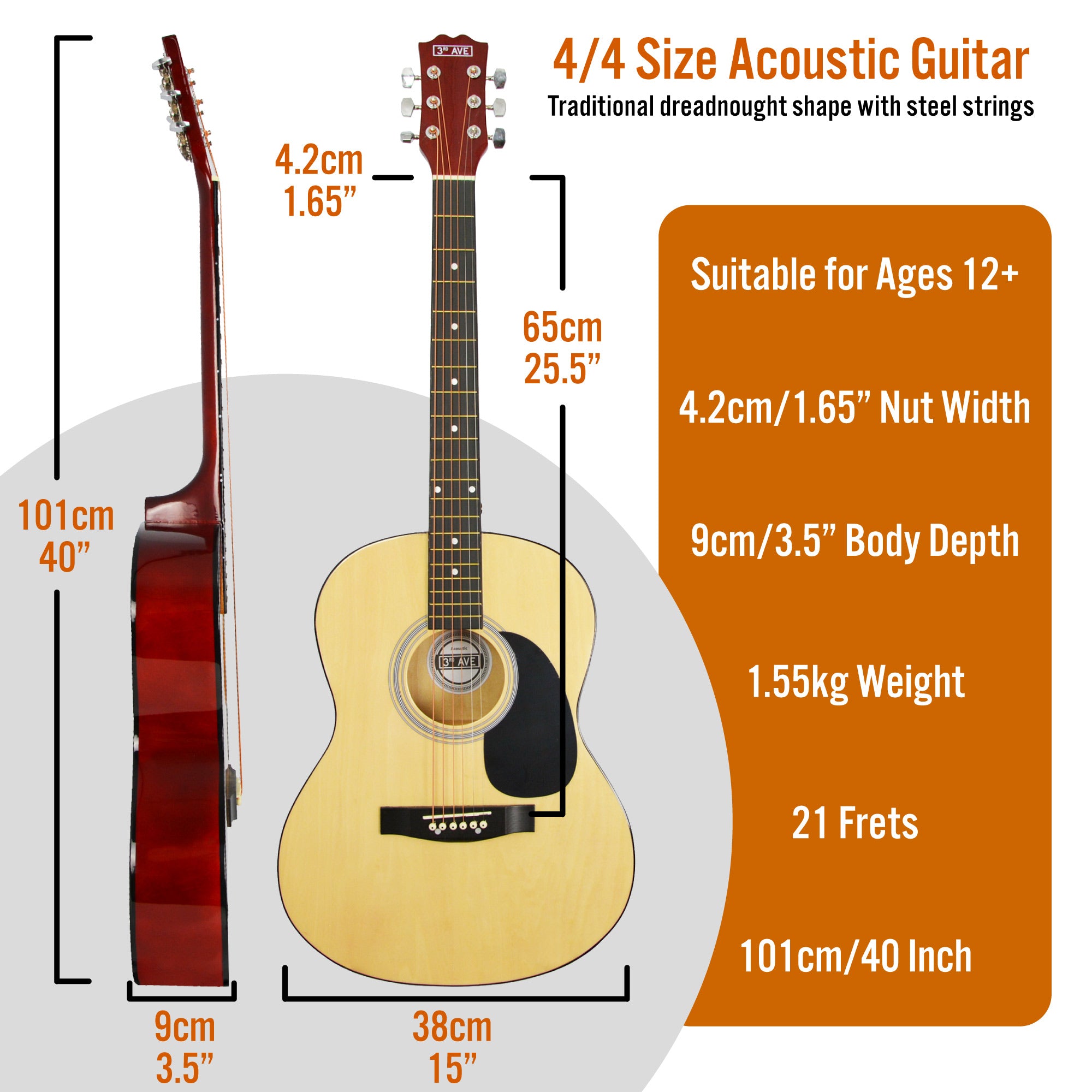 3rd Avenue Full Size Acoustic Guitar Premium Pack Natural Acoustic Guitars#Colour_Natural