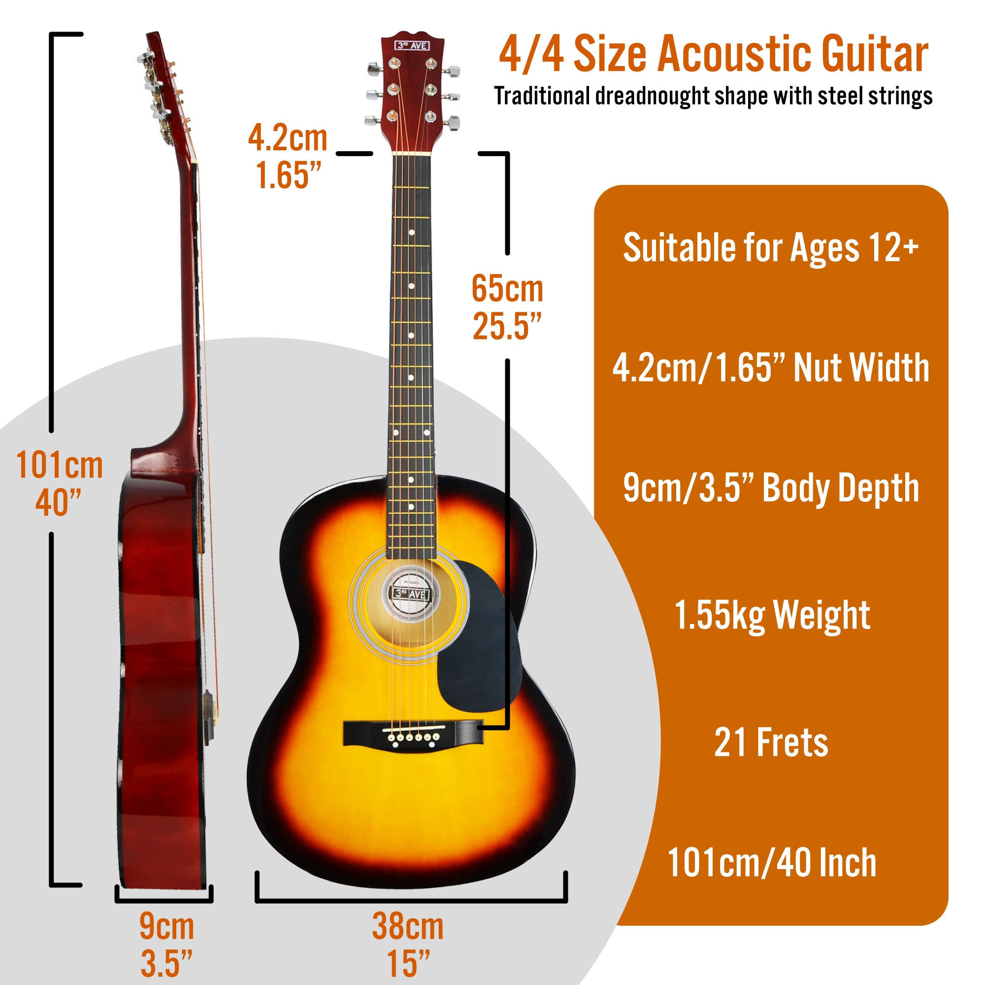 3rd Avenue Full Size Acoustic Guitar Premium Pack Sunburst Acoustic Guitars#Colour_Sunburst