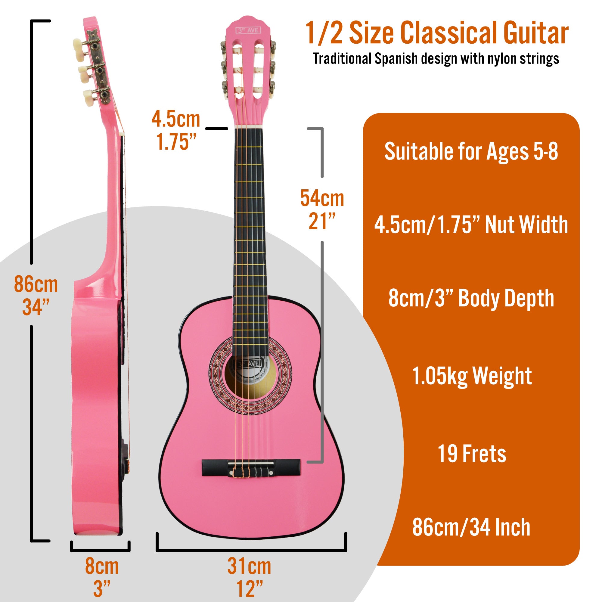 3rd Avenue 1/2 Size Classical Guitar Pack Pink Classical Guitars#Colour_Pink