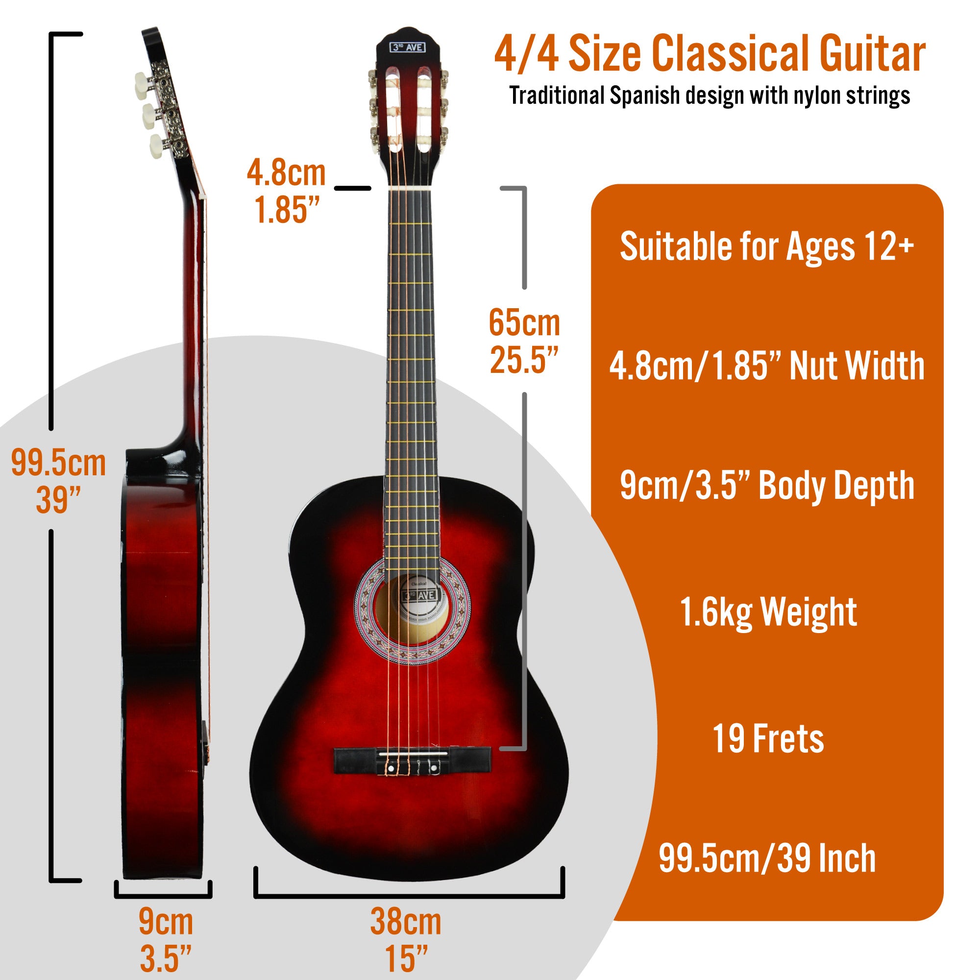 3rd Avenue Full Size Classical Guitar Pack Sunburst Classical Guitars#Colour_Redburst