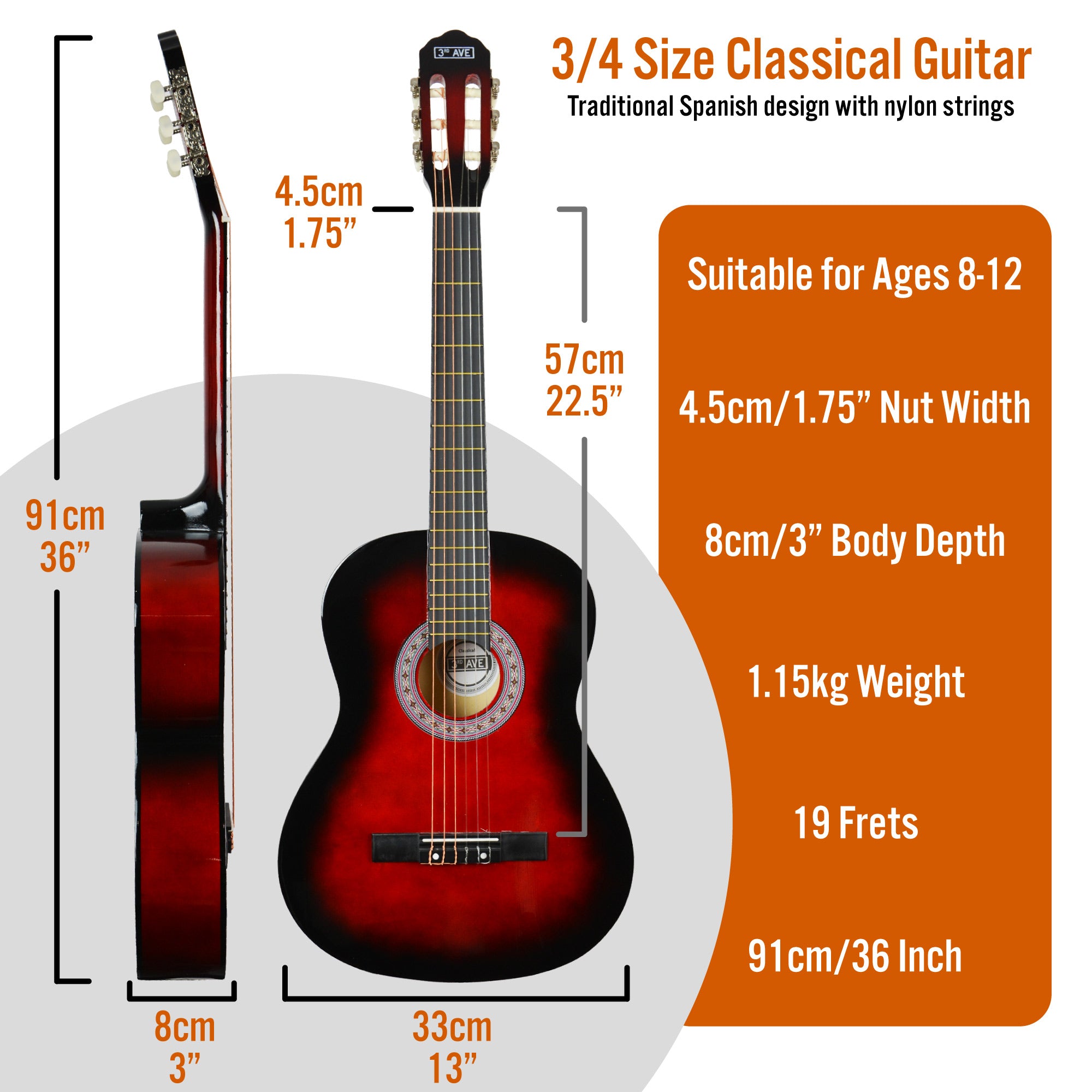 3rd Avenue 3/4 Size Classical Guitar Pack Redburst Classical Guitars#Colour_Redburst