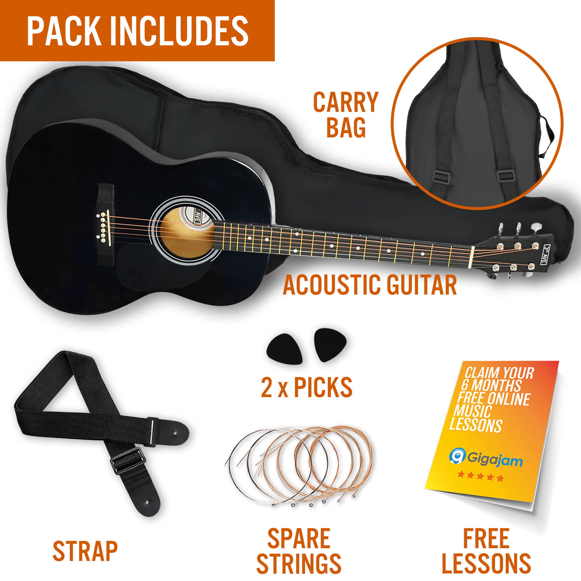 3rd Avenue Full Size Acoustic Guitar Pack Black Acoustic Guitars#Colour_Black