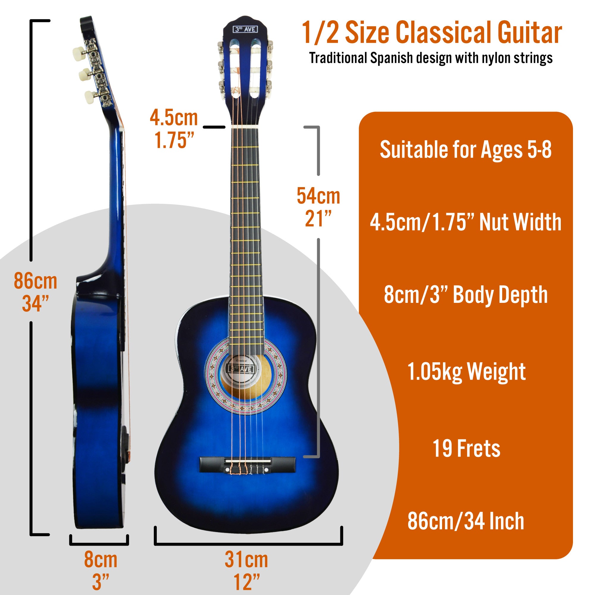 3rd Avenue 1/2 Size Classical Guitar Pack Blueburst Classical Guitars#Colour_Blueburst
