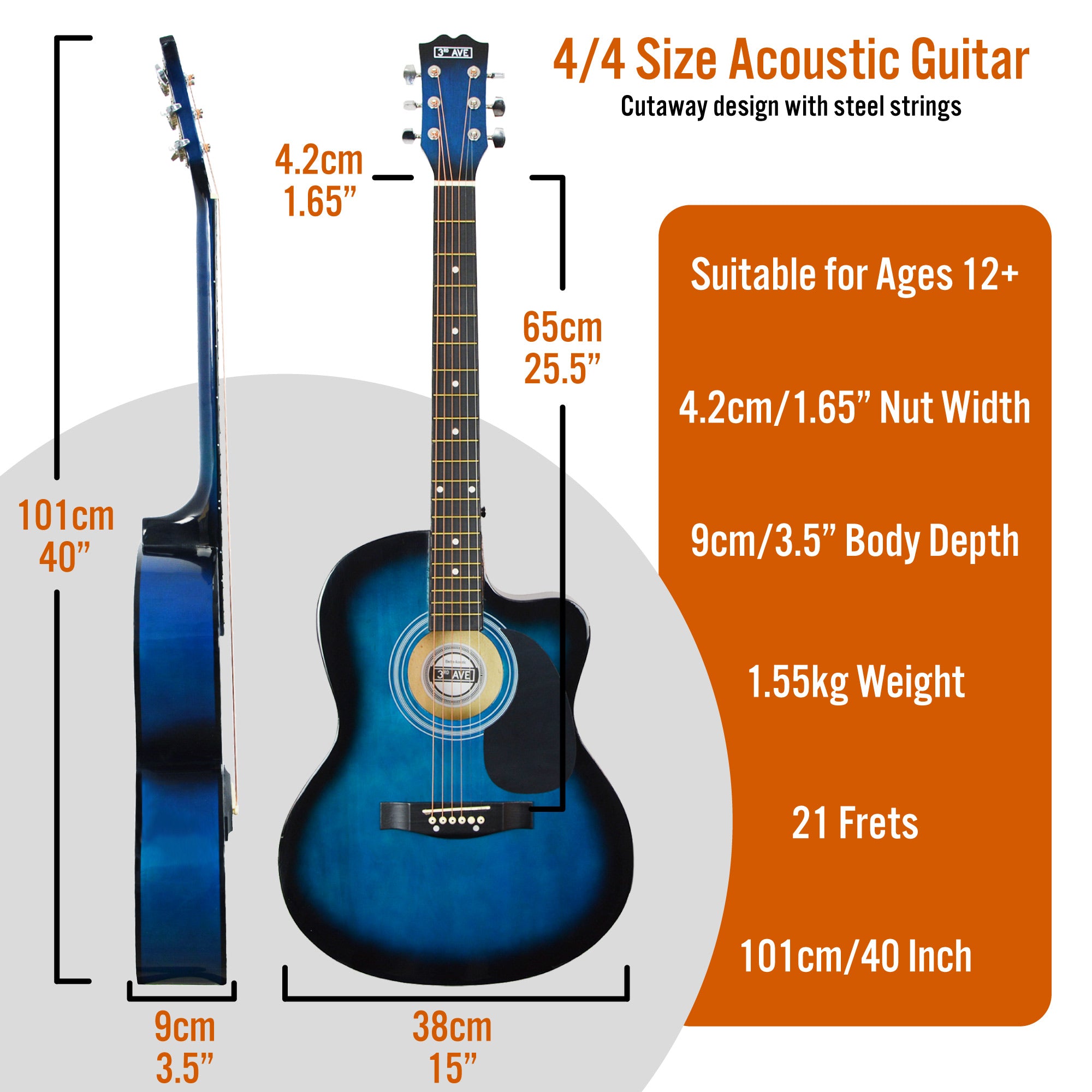 3rd Avenue Full Size Cutaway Acoustic Guitar Pack Black Acoustic Guitars#Colour_Blueburst