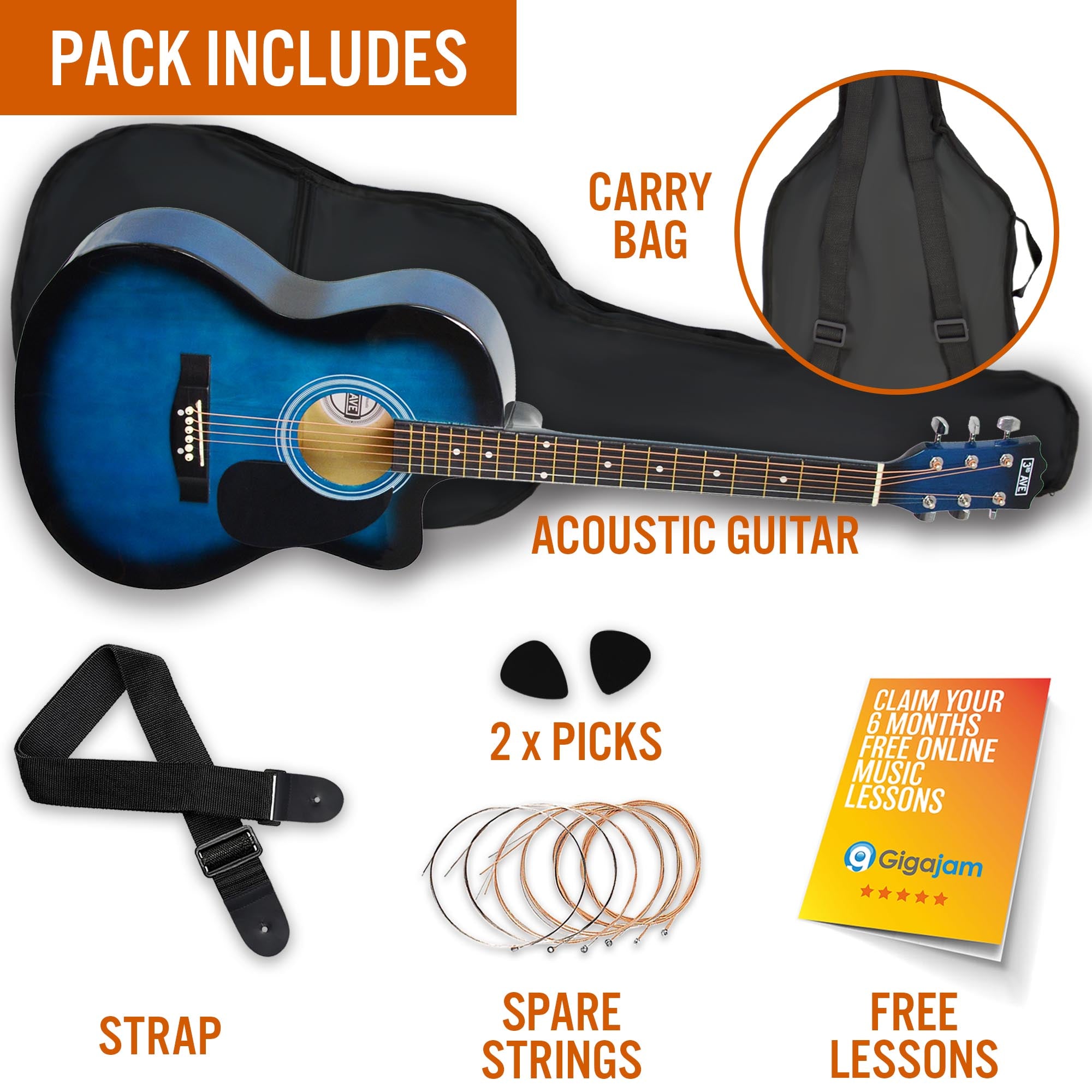 3rd Avenue Full Size Cutaway Acoustic Guitar Pack Black Acoustic Guitars#Colour_Blueburst