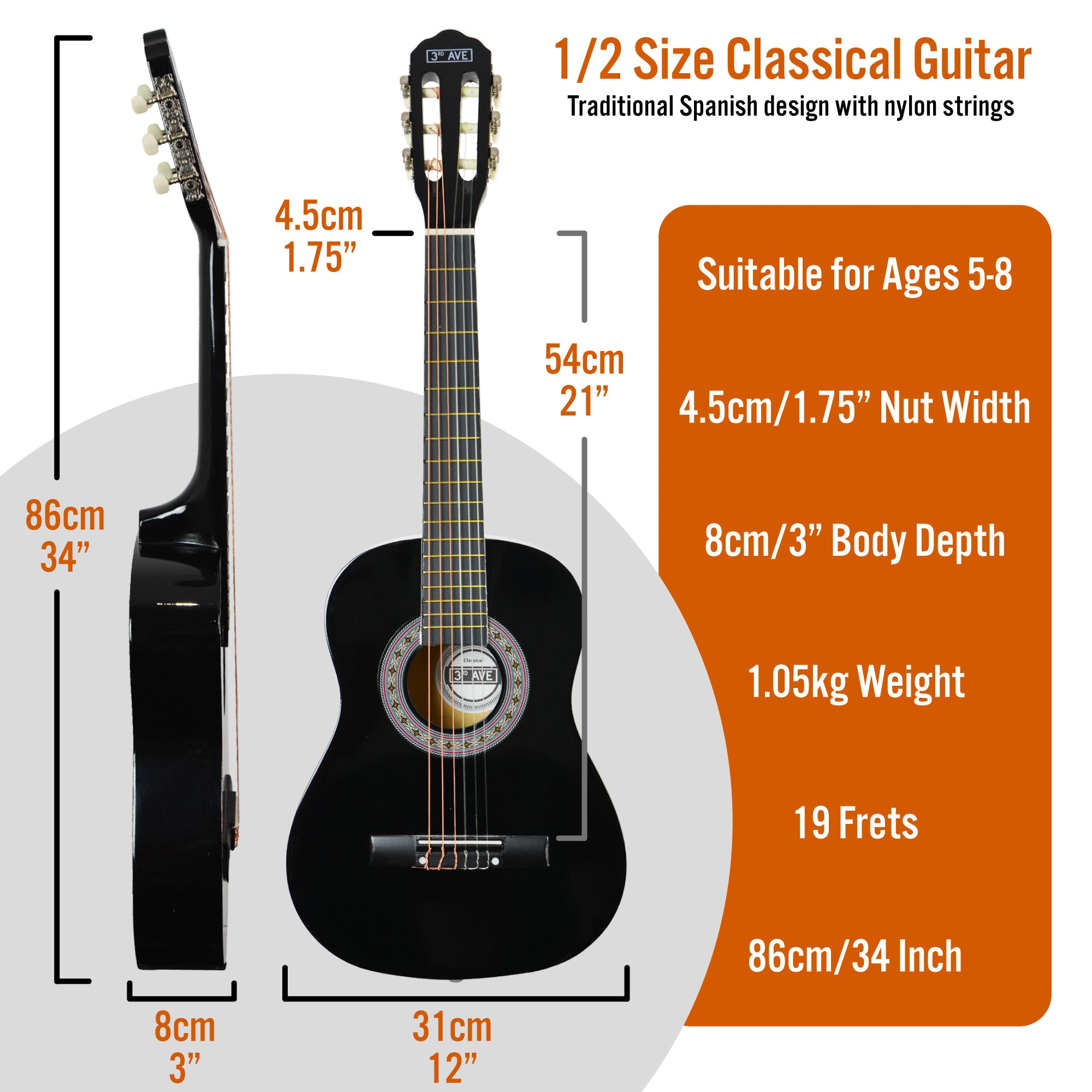 3rd Avenue 1/2 Size Classical Guitar Pack Black Classical Guitars#Colour_Black