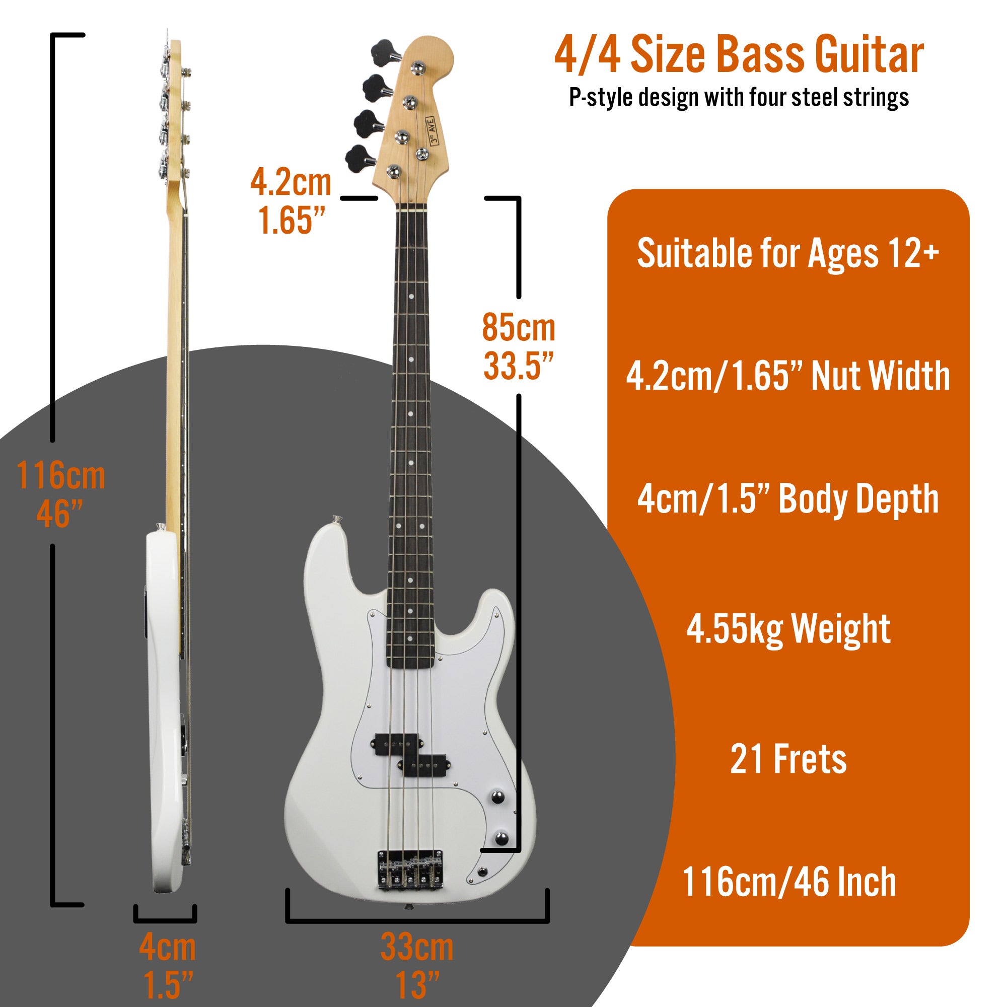 3rd Avenue Rocket Series Electric Bass Guitar Pack Bass Guitars#colour_White