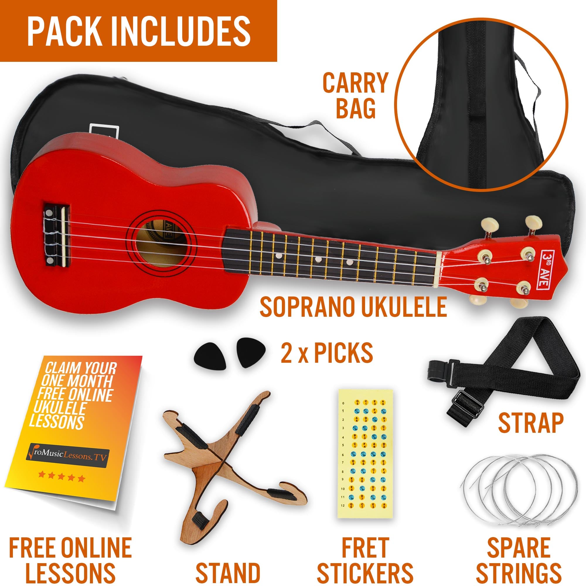 3rd Avenue Soprano Ukulele Pack Ukuleles#Colour_Red