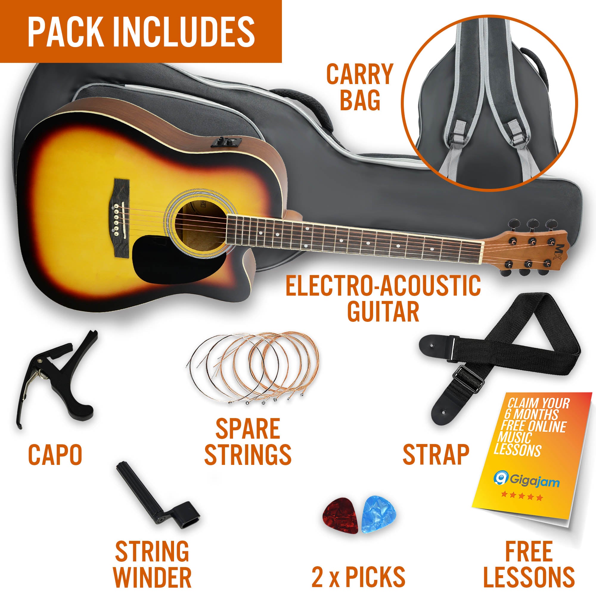 MX Cutaway Electro Acoustic Guitar Pack#Colour_Sunburst