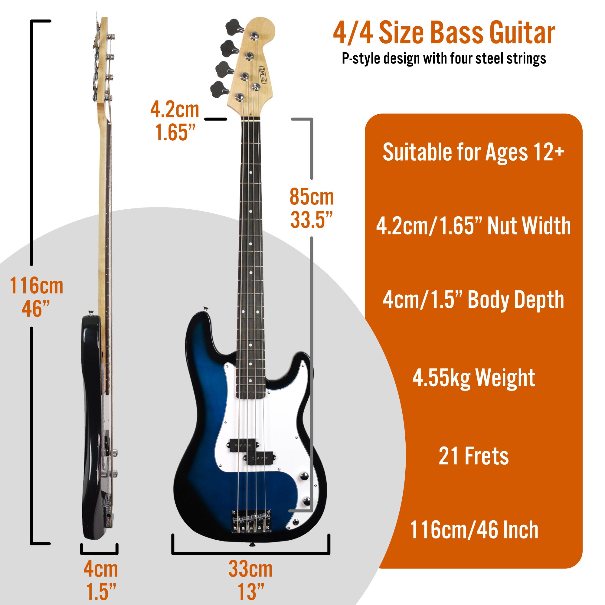 3rd Avenue Rocket Series Electric Bass Guitar Pack Bass Guitars#colour_Blueburst
