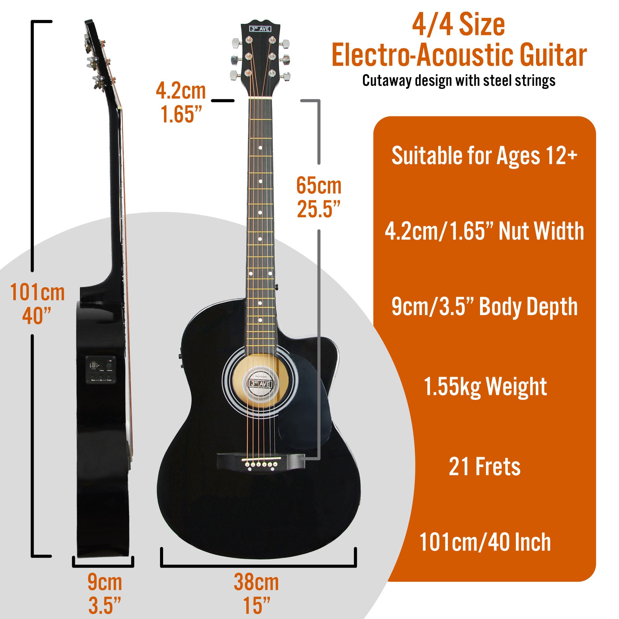 3rd Avenue Full Size Cutaway Electro Acoustic Guitar Pack Black Acoustic Guitars#Colour_Black