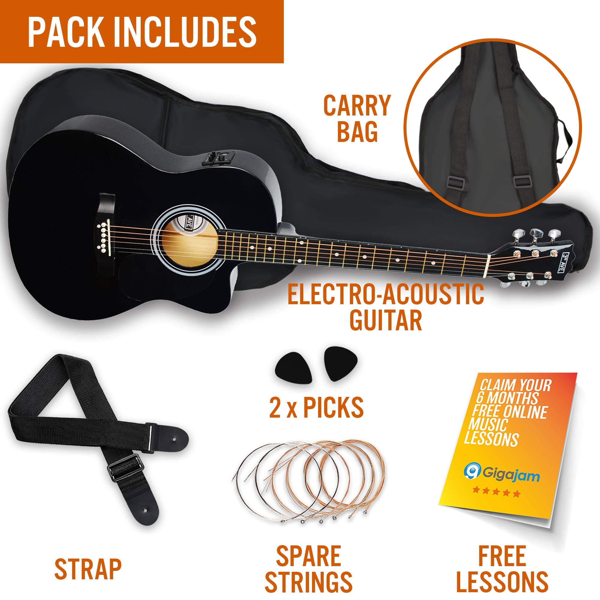 3rd Avenue Full Size Cutaway Electro Acoustic Guitar Pack Black Acoustic Guitars#Colour_Black