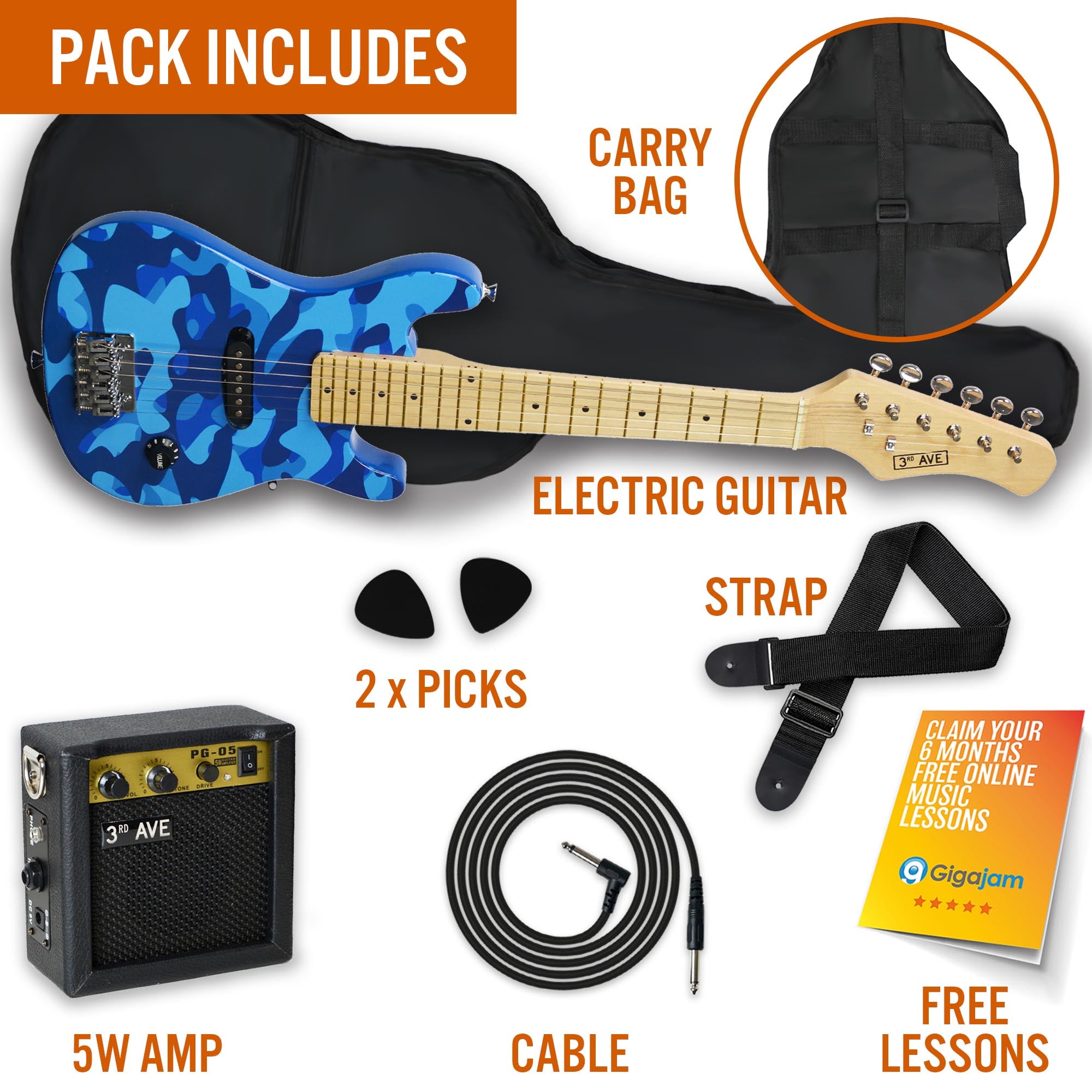 3rd Avenue Junior Electric Guitar Pack Electric Guitars#Colour_Blue Camo